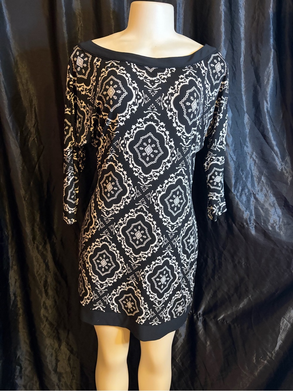 White House Black Market Black and White Printed Boatneck Mini Dress